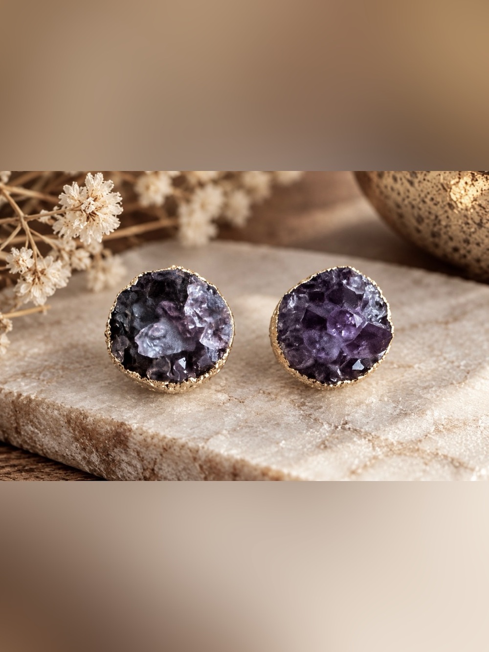 Purple Druzy Crystal Gold Tone Oversized Stud Earrings